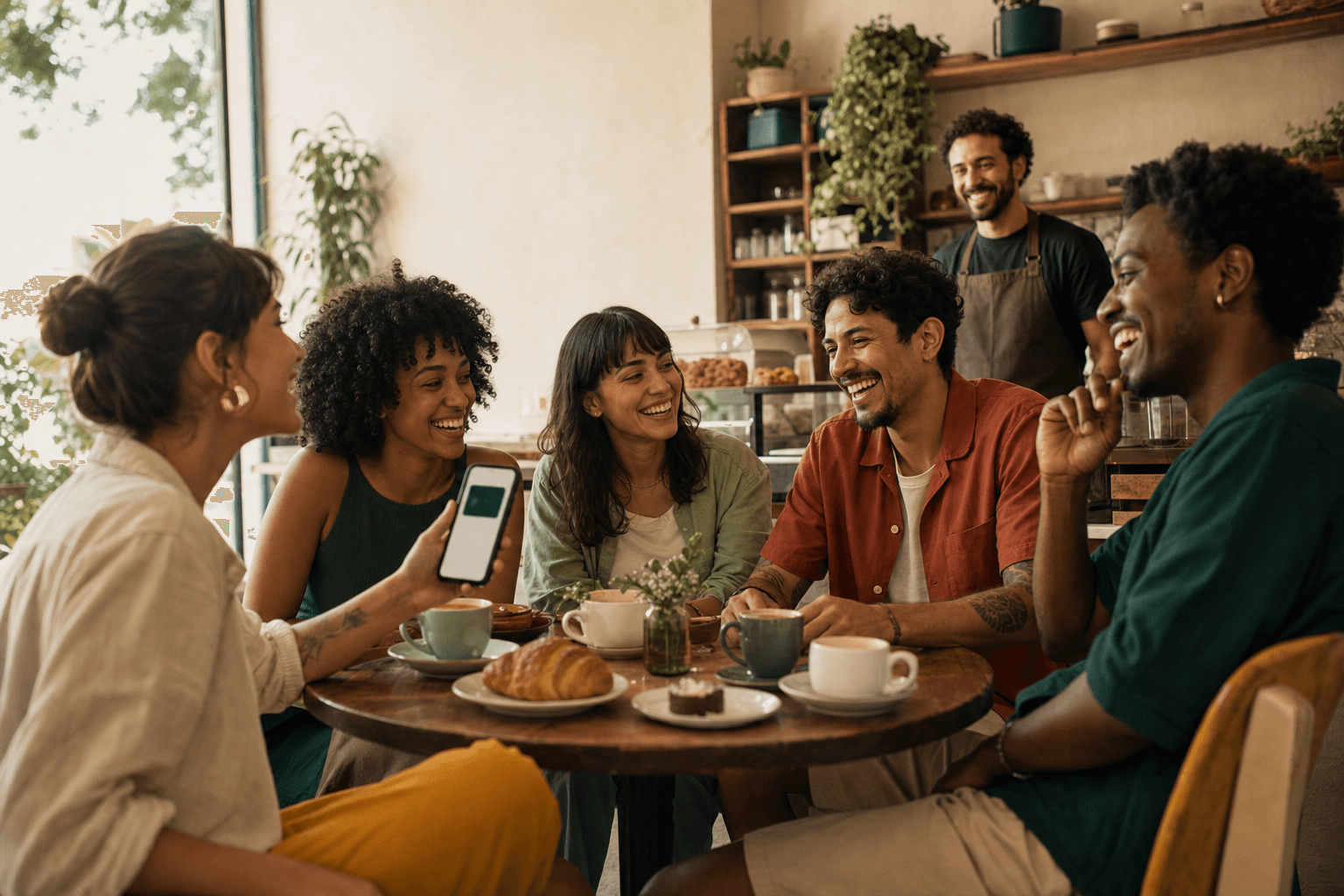 Amigos reunidos em uma cafeteria da comunidade Junto