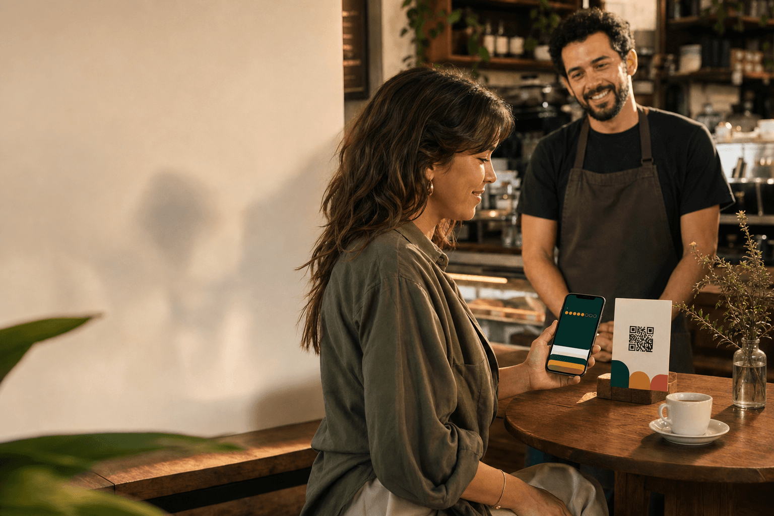 Cliente usando a Junto em uma cafeteria de bairro